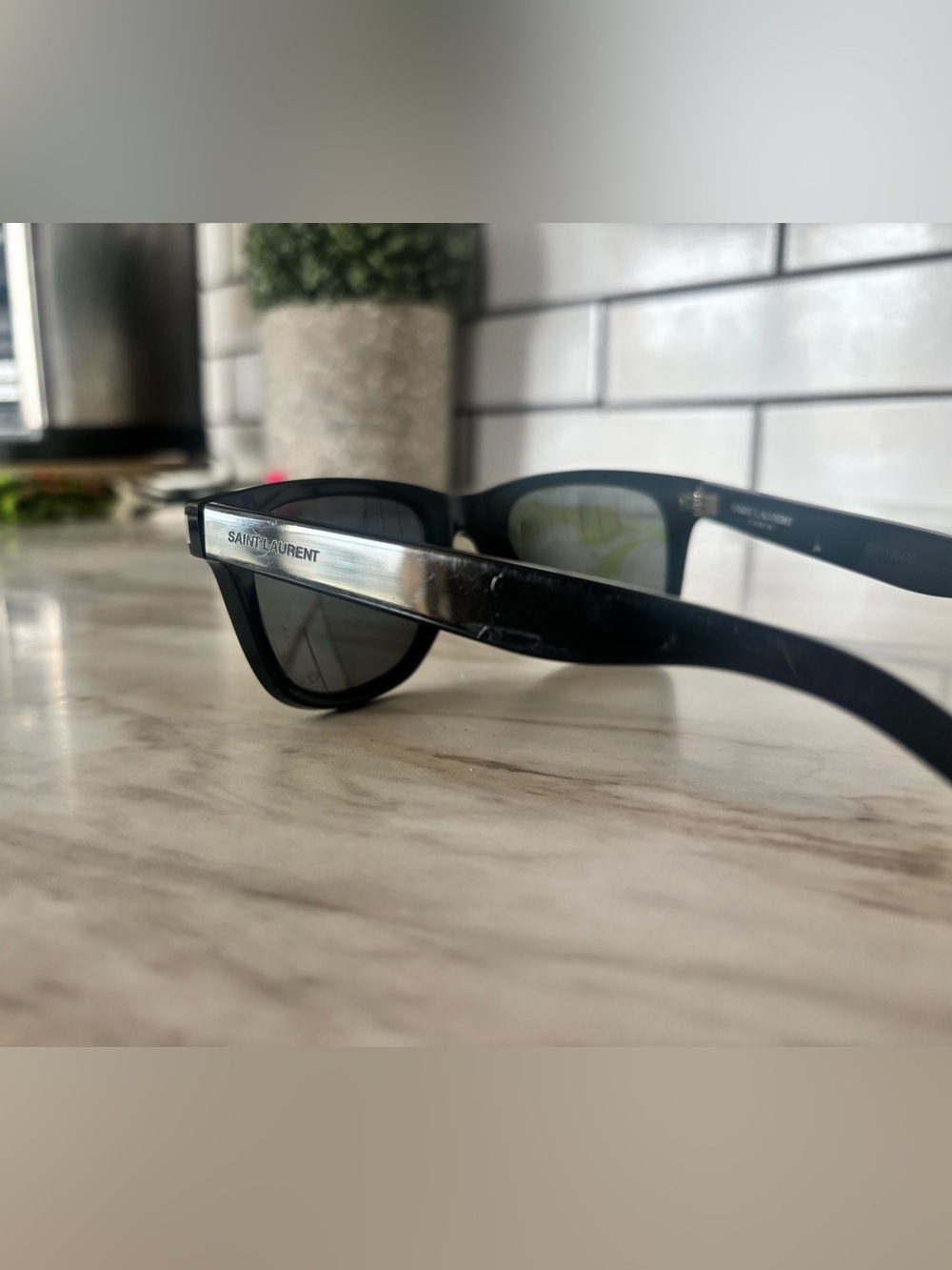 Saint Laurent Black Frame Sunglasses with Purple Mirrored Lenses - Picture 3 of 12